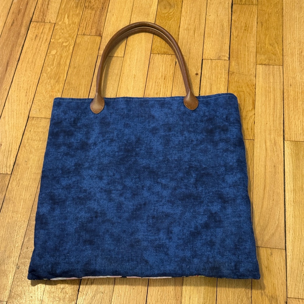 Handmade Quilted Tote Bag Navy Blue Starburst Floral Lining Faux Leather Straps - Picture 6 of 8